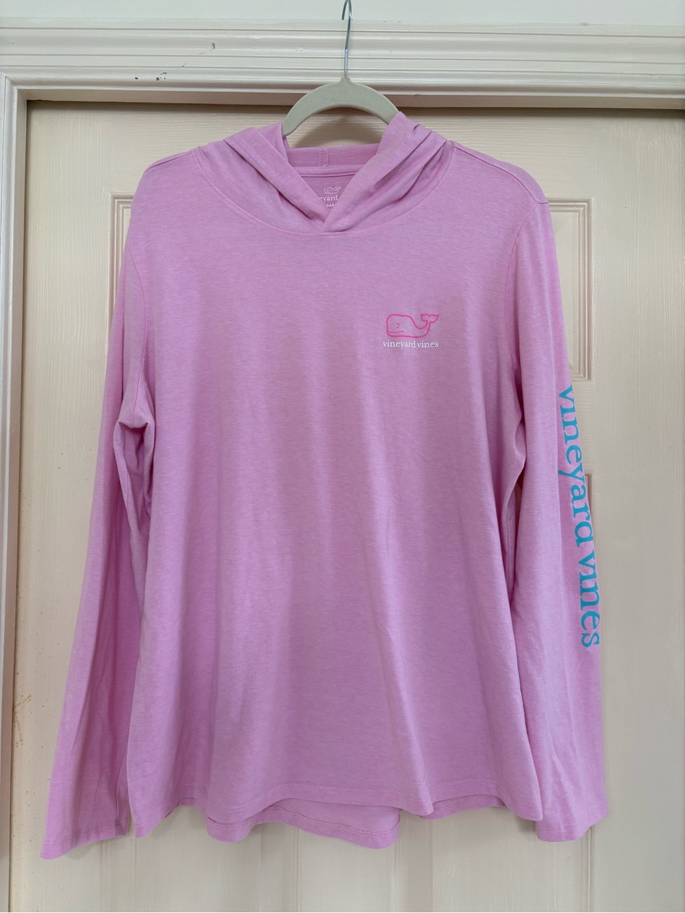 Vineyard Vines Light Pink Long-Sleeve Hooded Tee with Blue Sleeve Script